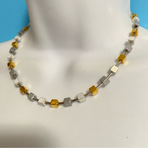 Mixed Metal Square Beads Necklace Gold & Silver Tone - Picture 5 of 6